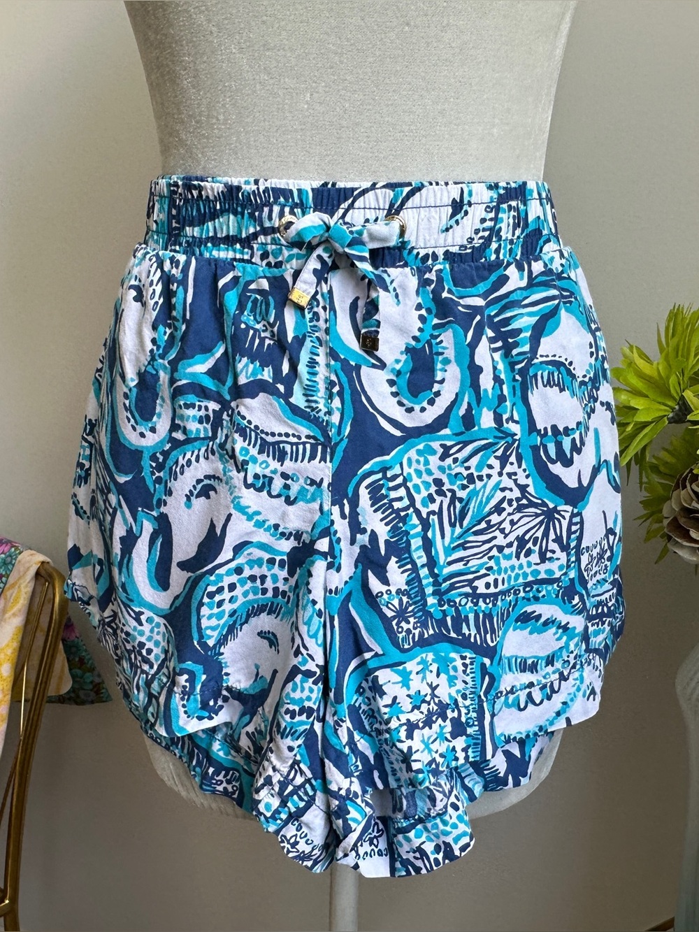 Lilly Pulitzer Teal , Navy & White Printed Elastic-drawstring Waist Shorts